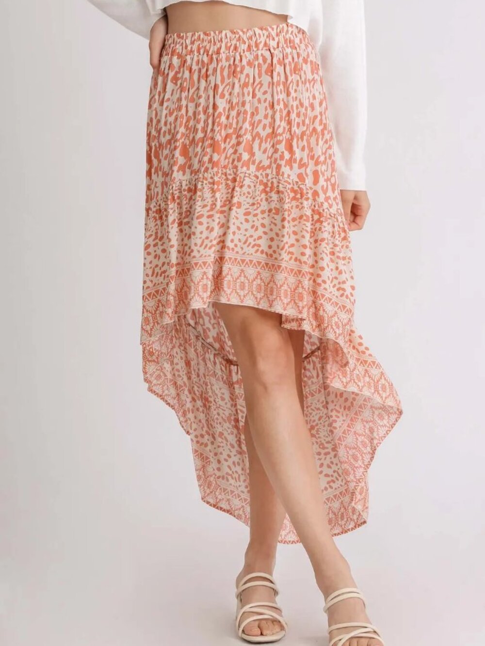 Animal Border Print High Low Skirt with Elastic Waistband